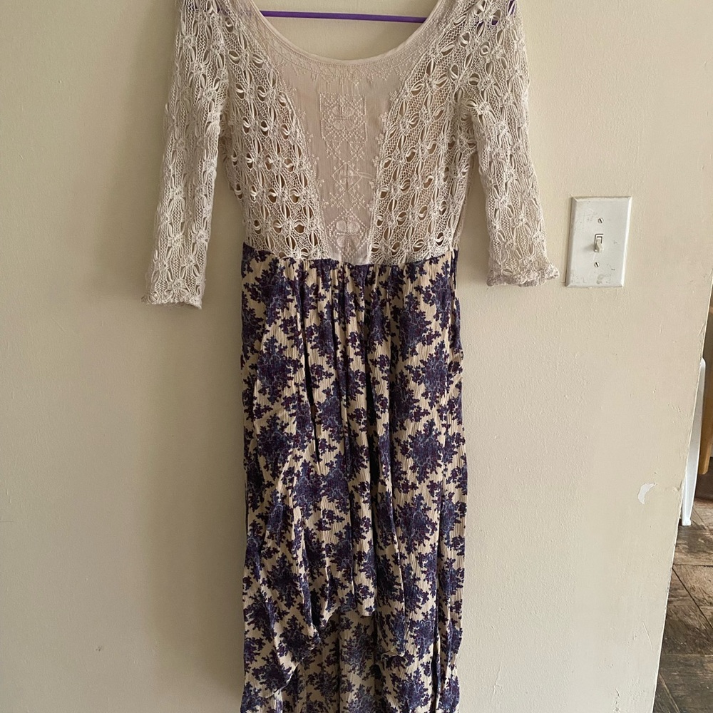 Free People Cream and Purple Lace Floral Dress
